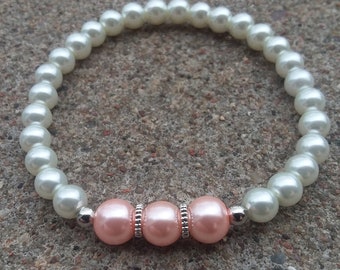 White & Pink Bead Stretch Bracelet, Wedding Bracelets, White Beaded Bracelet, Women's Bracelets, Women's Jewelry, Stretch Bracelets