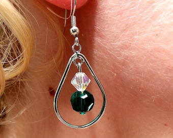 Green Crystal Bead Silver Teardrop Hoop Earrings