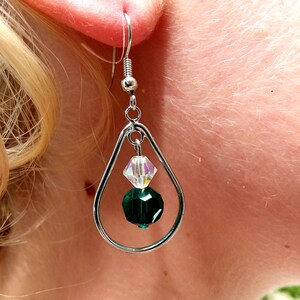 Green & White Bead Silver Teardrop Hoop Earrings, Beaded Hoop Earrings, Teardrop Earrings, Women&#39;s Earrings, Women&#39;s Jewelry, Bead Jewelry