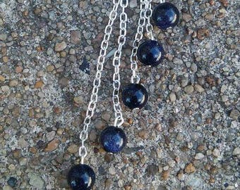 Black Milky Way Starlight Handmade Bead & Silver Chain Lariat Y Necklace, Black Bead Necklace, Lariat Necklaces, Women's Lariat Necklace