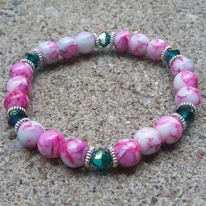Green Crystal & Rose Red Green Marbled Bead Stretch Bracelet, Pink Bead Stretch Bracelet, Pink Bracelet, Women&#39;s Bracelet, Women&#39;s Jewelry