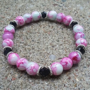 Zwarte kristal & Rose rood groen Gemarmerde kraal Stretch armband roze parel Stretch armband roze armband, vrouwen armband, Women&#39;s sieraden
