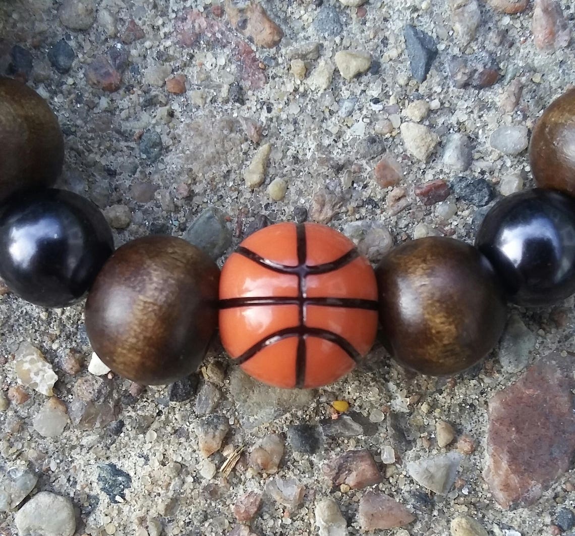 Black & Wood Bead Basketball Stretch Bracelet, Unisex Wood and Bead