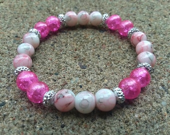 Marbled & Pink Bead Stretch Bracelet, Pink Bead Bracelet, Beaded Stretch Bracelets, Women's Bracelets, Women's Jewelry, Bead Bracelets