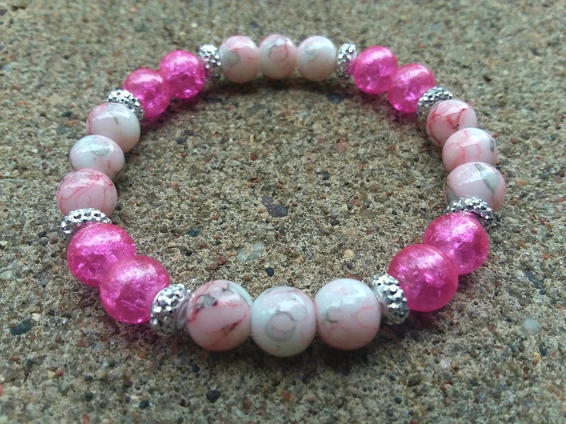 Marbled & Pink Bead Stretch Bracelet, Pink Bead Bracelet, Beaded