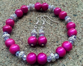 Iridescent Pink Bead Jewelry Set, Silver Accents, Bracelet and Earrings
