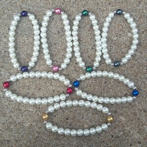 Handmade White Bead Stretch Bracelet w/ Colored & Metal Accents, Bridal Bracelets, White Accent Bracelets, Women&#39;s Stretch Bracelets