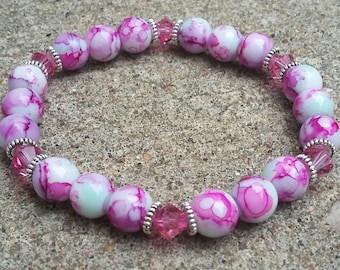 Pink Crystal & Rose Red Green Marbled Bead Stretch Bracelet, Pink Bead Stretch Bracelet, Pink Bracelet, Women's Bracelet, Women's Jewelry