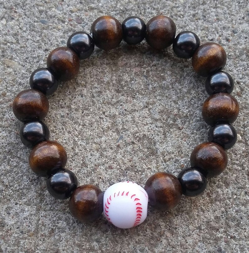 Black & Wood Bead Baseball Stretch Bracelet, Unisex Wood and Bead