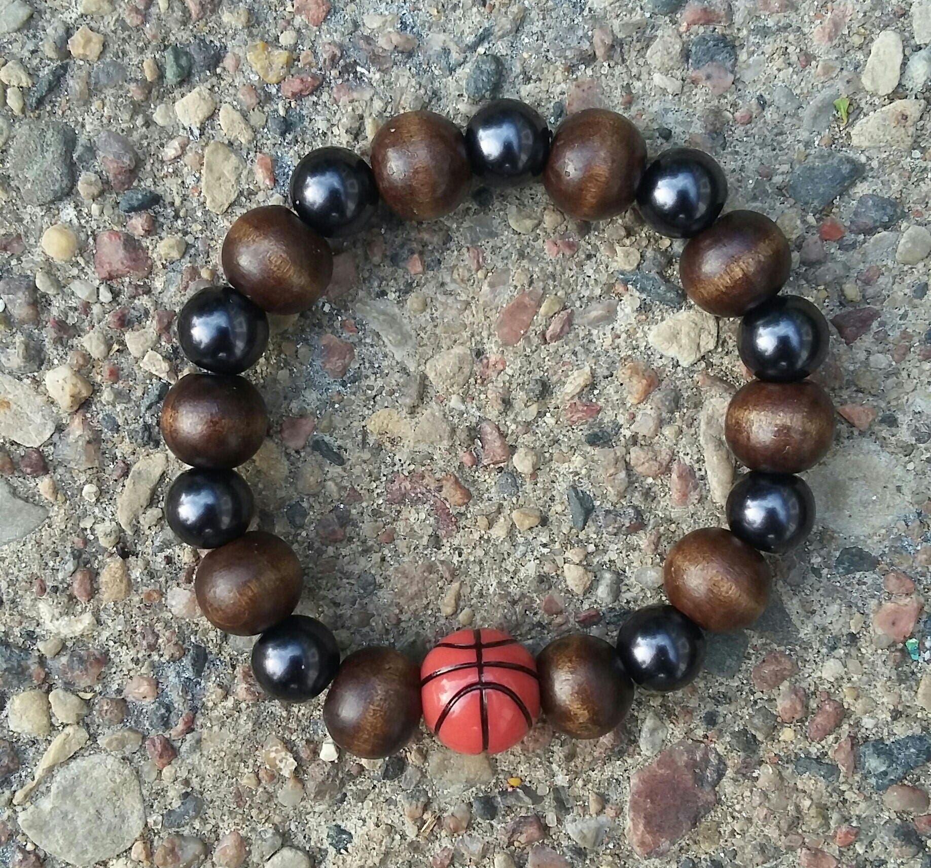 Black & Wood Bead Basketball Stretch Bracelet, Unisex Wood and Bead