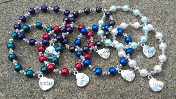 Sister Heart Charm Beaded Stretch Bracelet – Silver Plated, Philip Jones