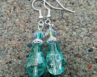 Silver & Teal Glass Bead Tear Drop Earrings, Teal Bead Earrings, Aqua Bead Earrings, Glass Bead Earrings, Women's Earrings, Women's Jewelry