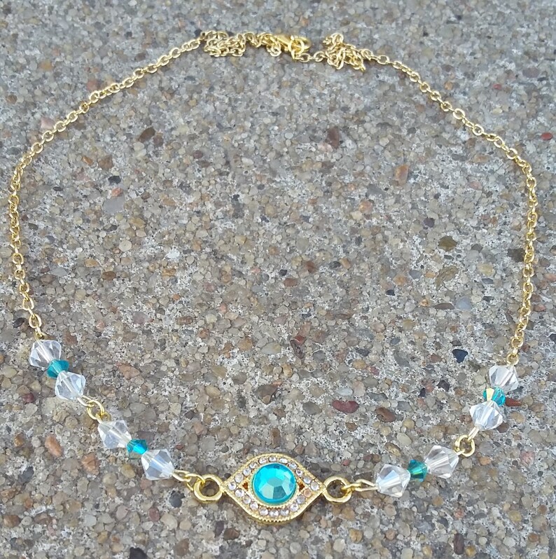 Teal/turquoise/white Crystal Bead & Gold Chain Pendant Necklace, Bead