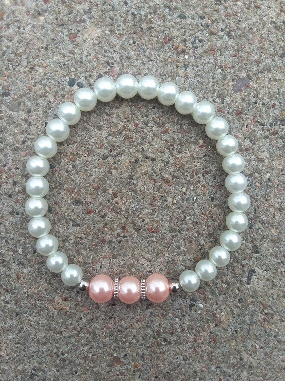 Bracelet Extensible Perles Roses Et Blanches - Pour Fille - Neuf Avec étiquettes - 17-18 Cm