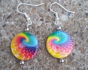 Tie Dyed Swirl Rainbow Bead Earrings, Funky Hippie Jewelry