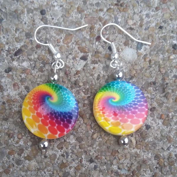 Funky Tie Dyed Hippie Swirl Rainbow Bead Earrings, Rainbow Color Earrings, Bead Earrings, Women's Jewelry, Kid's Earrings, Women's Earrings