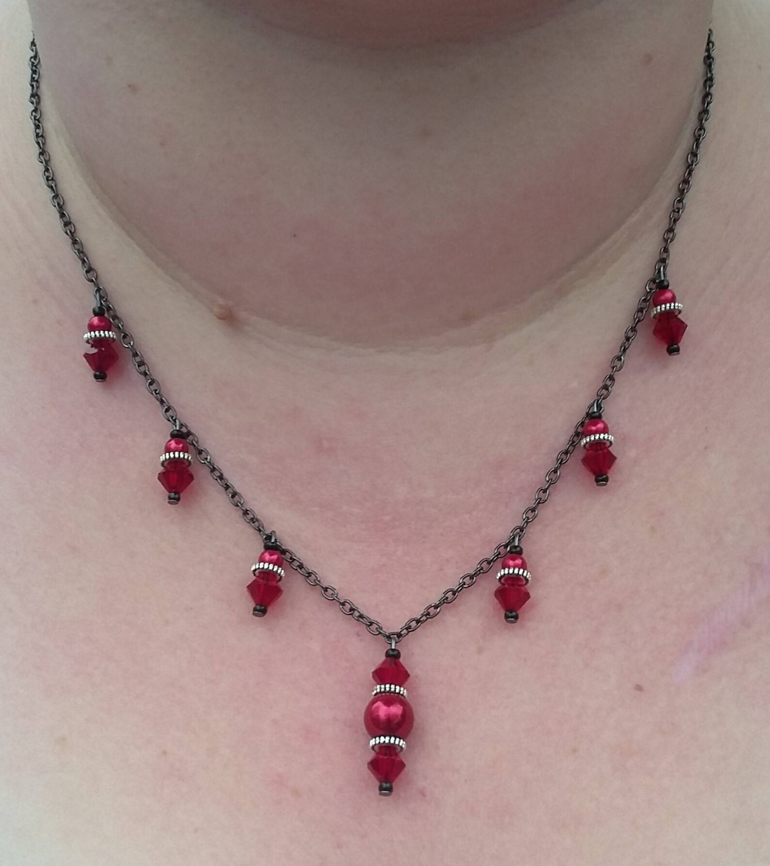 Handmade Red Crystal & Bead Dangle Necklace W/ Black Chain, Red Dangle