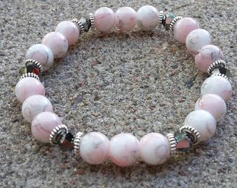 Grey Crystal & Light Pink Grey Marbled Bead Stretch Bracelet, Pink Bead Stretch Bracelet, Pink Bracelet, Women's Bracelet, Women's Jewelry