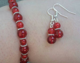 Red Crackled Glass Bead Jewelry Set, Holiday Earrings Bracelet