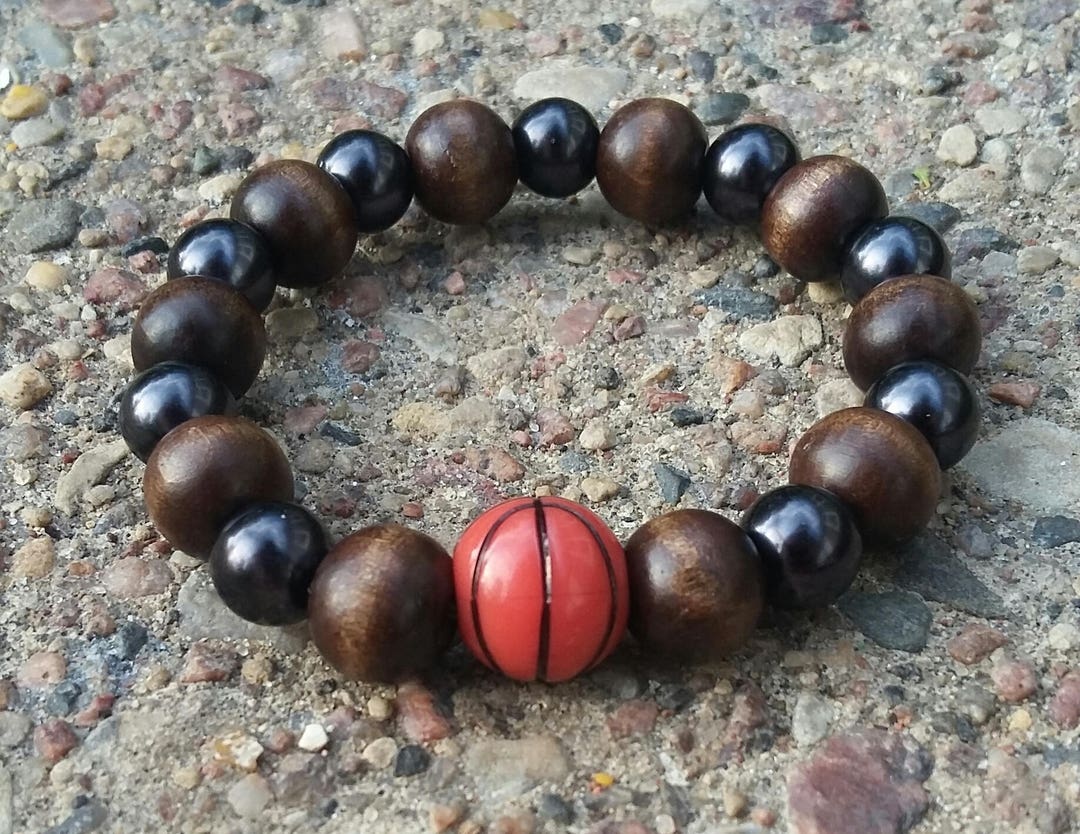 Black & Wood Bead Basketball Stretch Bracelet, Unisex Wood and Bead