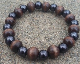 Pulsera elástica de madera marrón y cuentas negras hecha a mano, joyería unisex
