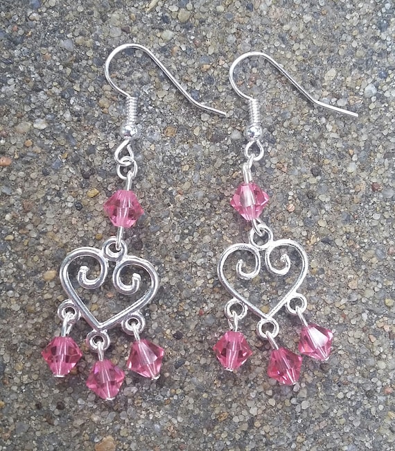 Silver Heart Pink Crystal Bead Dangle Earrings, Victorian Style