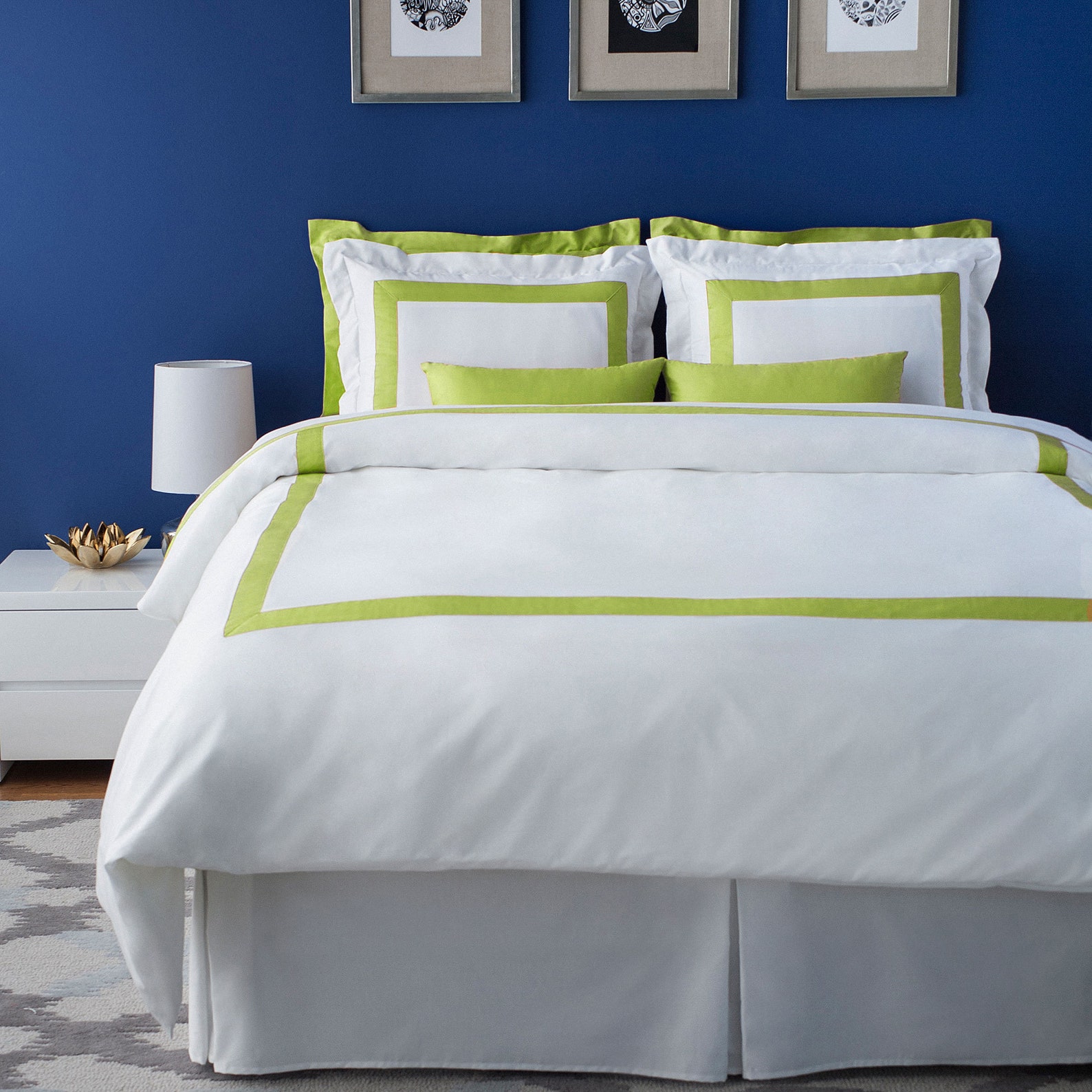 Hotel Collection Duvet Cover Set, Border Frame Lime Green, White Cotton