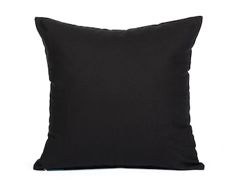 May include: A plain black square pillow with a smooth fabric texture.