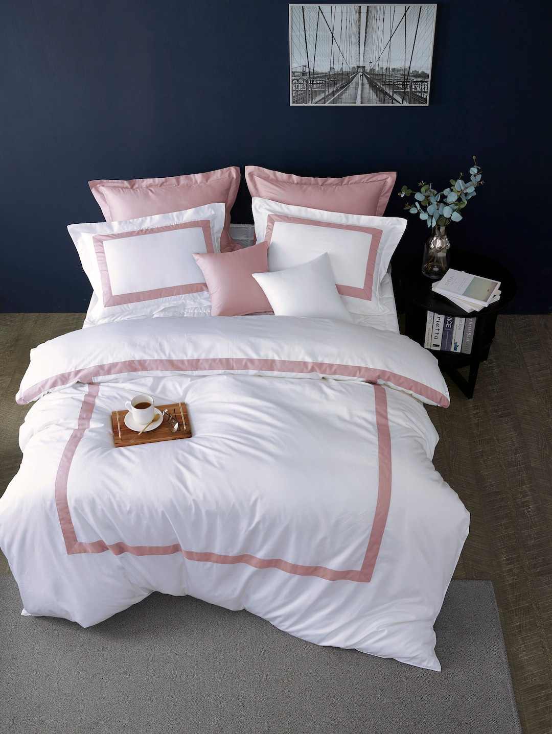Blush Pink Hotel Collection Border Frame Duvet Cover Set - Hand-sewn ...