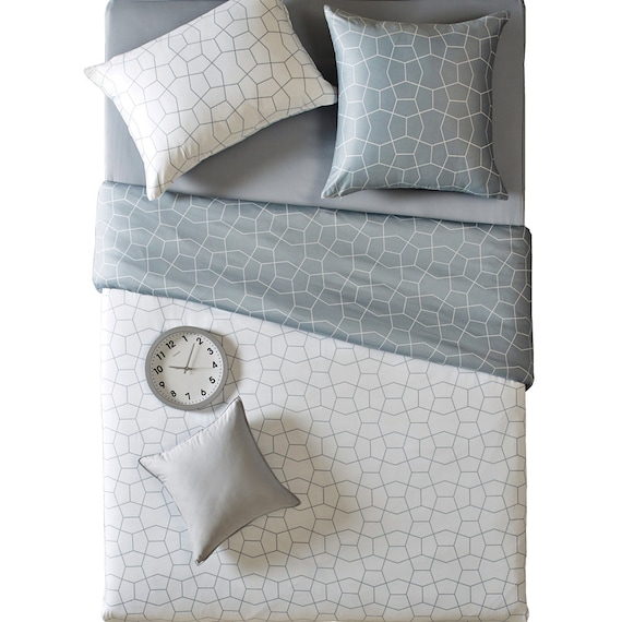 Modern White Gray Geo Queen Duvet Cover Set Etsy