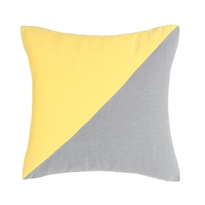 May include: A yellow and gray throw pillow with a diagonal seam.