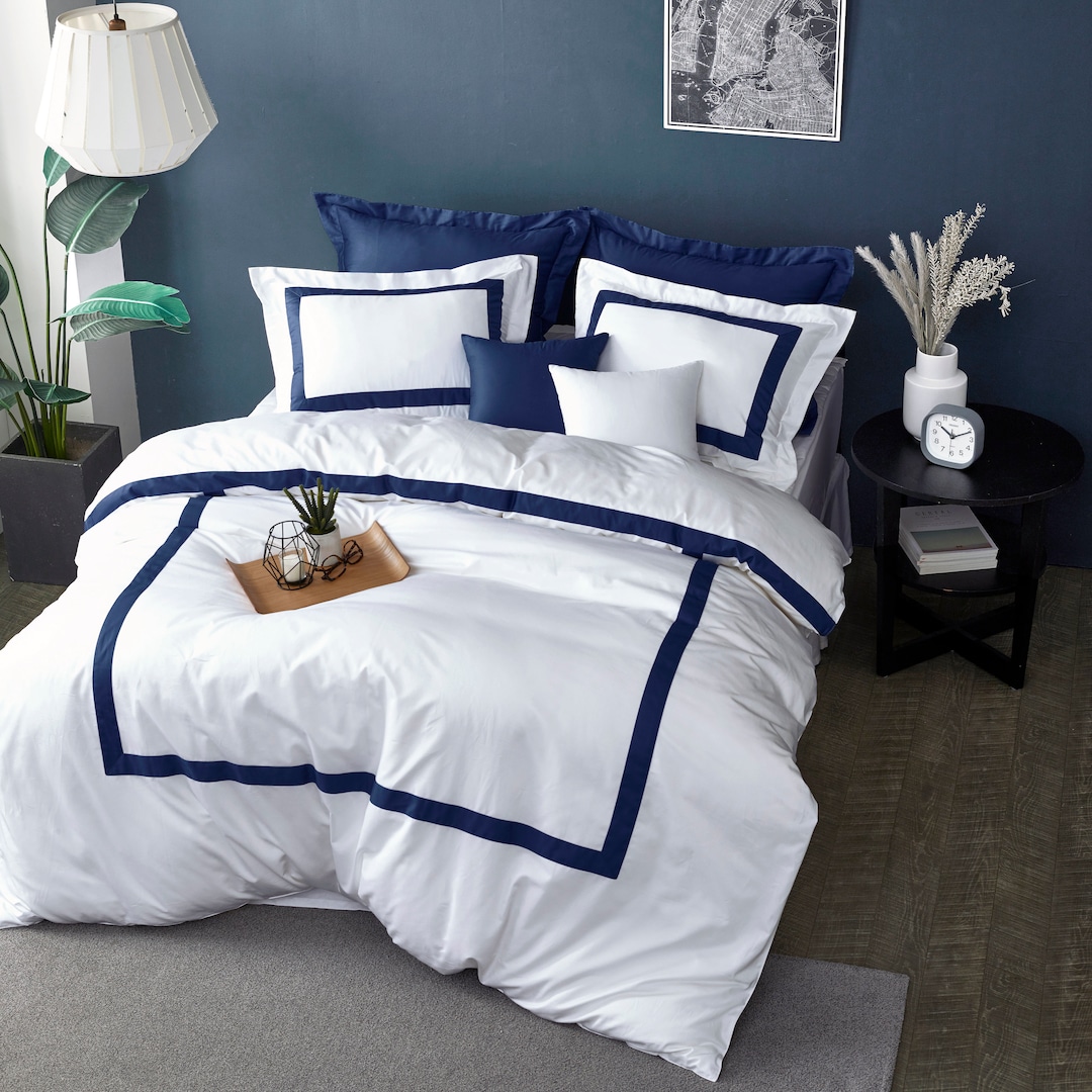 Hotel Collection Navy Blue Duvet Cover Set Border Frame Dark Blue White Cotton Bedding Twin Queen King Etsy