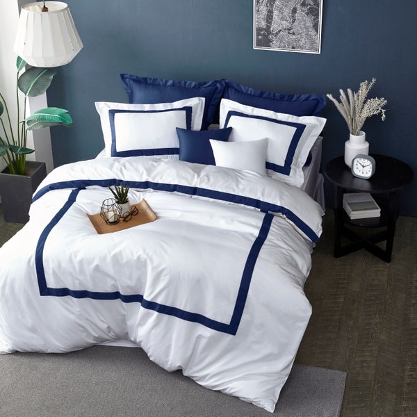 Hotel Collection Navy Blue Duvet Cover Set, Border Frame Dark Blue, White Cotton Bedding, Twin, Queen, King