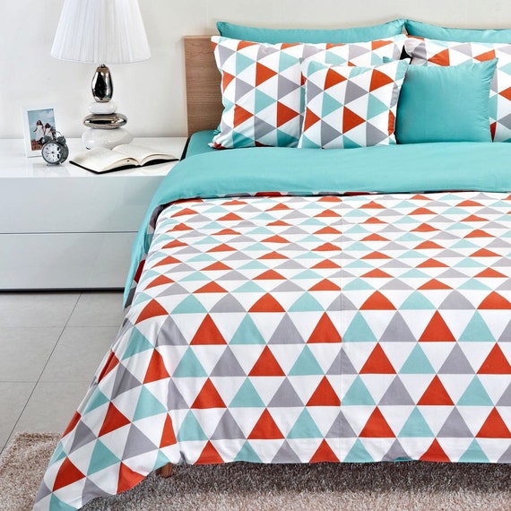 Contemporary Powder Blue Red Triangle Pattern Duvet Cover Etsy