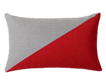 12"X20" Red & Gray Rectanuglar / Oblong / Lumbar / Cushion / Throw Pillow Cover