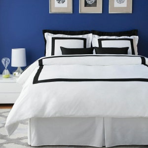 Black and White Hotel Collection Border Frame Duvet Cover Set - Hand-Sewn Modern Contemporary Bedding Queen King