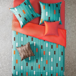 Bold Teal Orange Geometric Duvet Cover Set King Queen - Modern Stripe Pattern with Solid Orange Reverse Contemporary Bedding