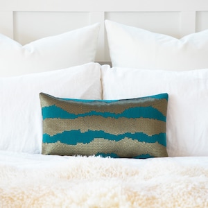 Teal Turquoise Cushion Cover, Outdoor Decorative Throw Cushion, Turquoise Gold Dotted Stripe Pillow Cover for Bed Sofa, 20&quot;x20&quot;, 12&quot;x20&quot;