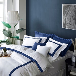 Marineblauwe kussensloop met randframe - decoratieve flens hotelcollectie | Katoenen kussensloop | Standaard Queen King-maten