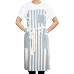 Blue White Stripe Kitchen Apron, Striped Chef&#39;s Cross Back Cotton Apron for Cooking, Baking, Grilling, Mother&#39;s Day Gift