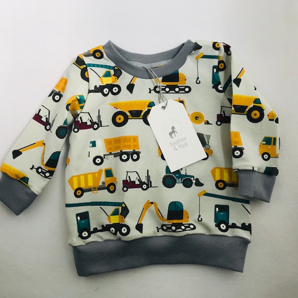 Digger - Handmade - Organic - Jersey - Baby, Toddler & Children's Jumper - Sweater - UK  - Trucks - 0-6 years - Kids - Construction - Gift