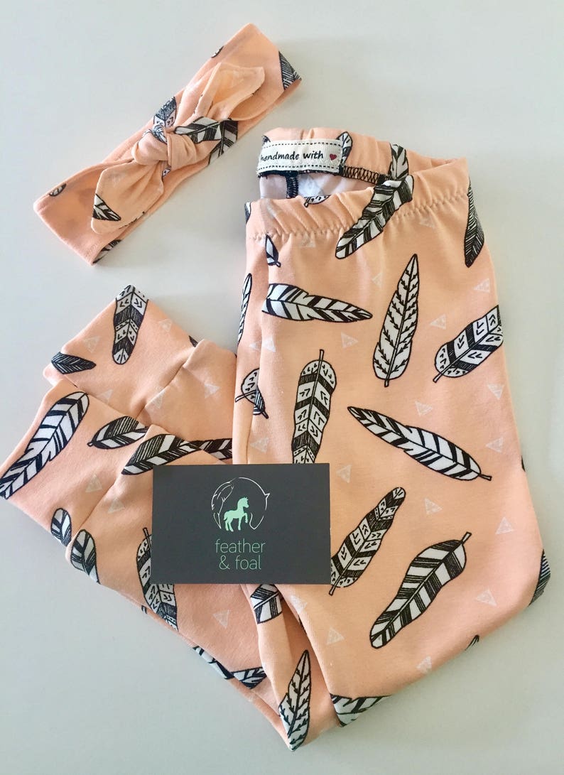 Girl Baby Organic Pink Feathers Children/'s Christmas Gift Leggings /& Headband Toddler Baby Shower Matching Gift Set Save 10/%