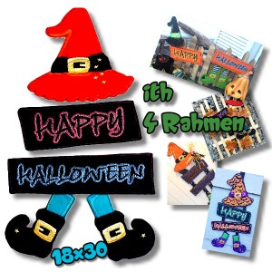 Könnte beinhalten: Ein Set mit vier Stickmotiven zum Thema Halloween mit einem Hexenhut, Stiefeln und Schildern mit der Aufschrift "Happy" und "Halloween". Die Motive sind 45,7 cm x 76,2 cm groß.