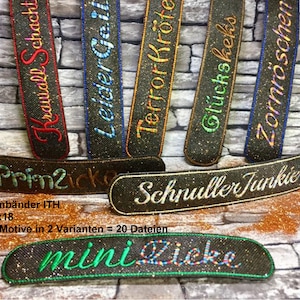 May include: A set of 10 iron-on embroidery designs for a variety of projects. The designs include the words "Frauwall Schacht", "Leider Geit", "Terror Krote", "Glückskeks", "Zornröschen", "Prinzicke", "Schnuller Junkie", and "mini Zicke". The designs are 13 inches by 18 inches and come in two variations.