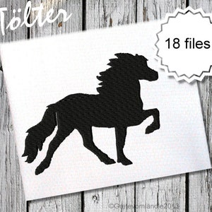 May include: Black silhouette of a horse with a flowing mane and tail. The horse is standing on its hind legs with its front legs raised. The image is titled "Tölter" and includes the text "18 files".