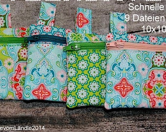 Op de afbeelding: Vier kleine ritsjes met verschillende kleurrijke, gepatroneerde stoffen. De tasjes hebben een lus aan de bovenkant om op te hangen. De tekst op de afbeelding luidt "Schnelle Elli 9 Dateien ITH 10x10".