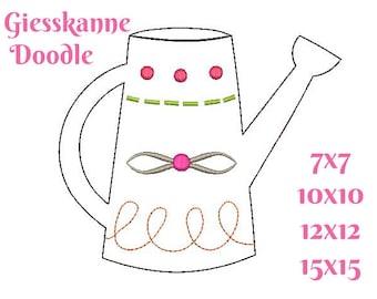 May include: A black and white line drawing of a watering can with pink and green accents. The text "Giesskanne Doodle" is at the top of the image. The text "7x7", "10x10", "12x12", and "15x15" is at the right side of the image.
