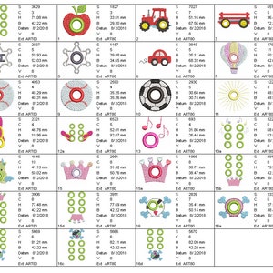 May include: A sheet of 16 embroidery designs featuring various themes, including a red apple, a green frog, a pink crown, a soccer ball, a hot air balloon, a red car, a red wagon, a yellow sun, a pair of flip flops, a music note, a sheriff's star, and a set of green circles. Each design is labeled with a number, size, and date.