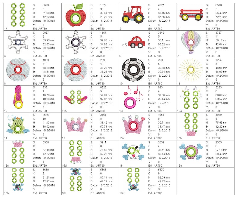 May include: A sheet of 16 embroidery designs featuring various themes, including a red apple, a green frog, a pink crown, a soccer ball, a hot air balloon, a red car, a red wagon, a yellow sun, a pair of flip flops, a music note, a sheriff's star, and a set of green circles. Each design is labeled with a number, size, and date.