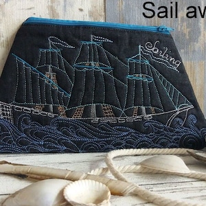A Tasche "Sail away" 16x26 ITH Segelschiff Stickdatei Stickmuster sticken Kulturtasche Grete vom Ländle